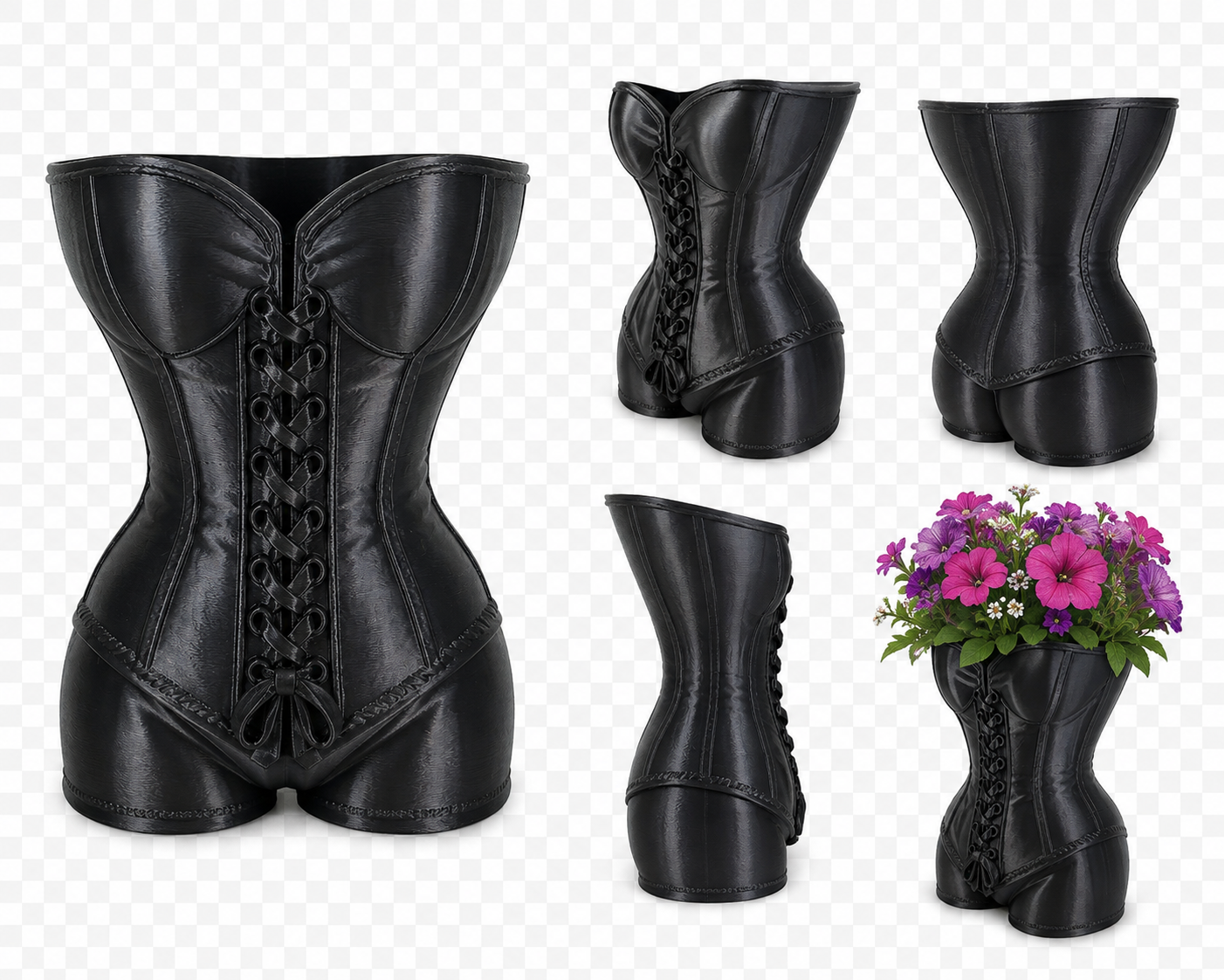 Black corset planter vase shown from multiple angles with flowers
