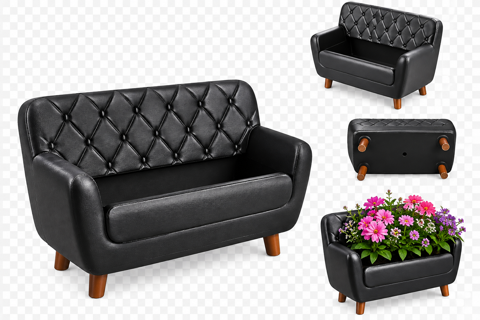 Black couch planter with flower demonstration and alternate views