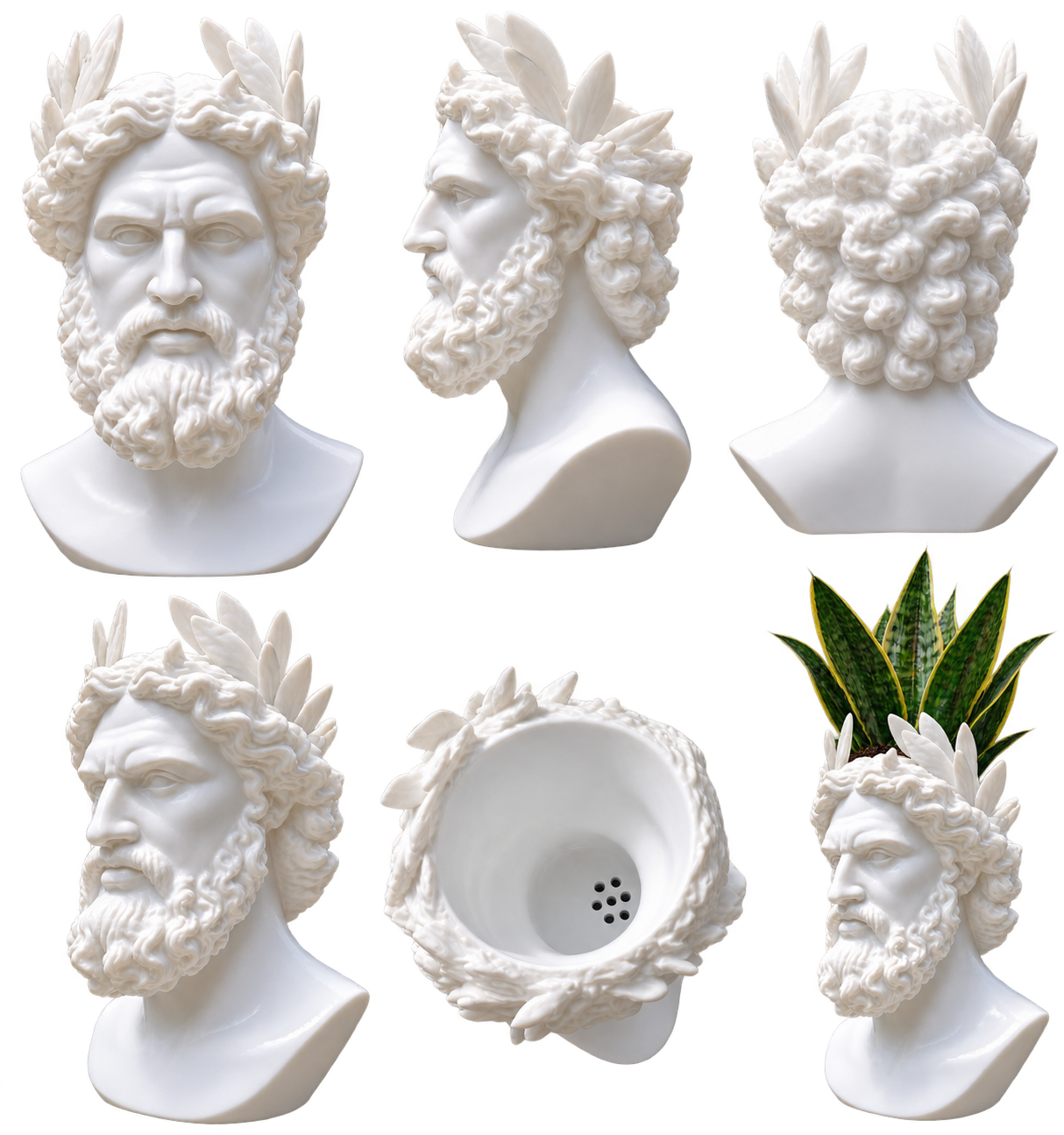 White Greek God Planter shown from multiple angles