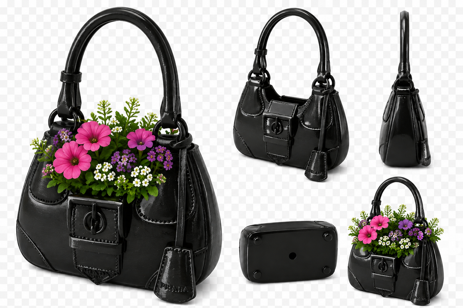 Luxury Bag Planter shown in black with flowers and alternate product views