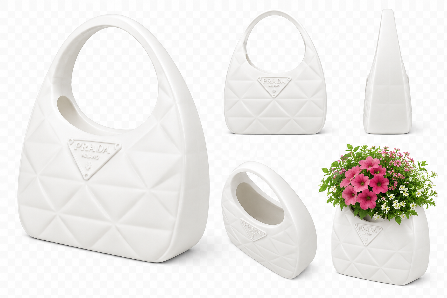 White handbag-style planter shown from multiple angles and filled with flowers