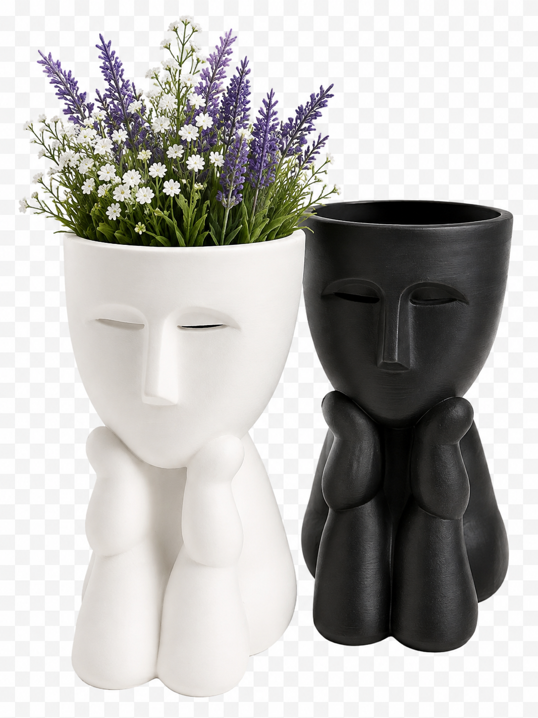 Thinking Man Planter shown in white with flowers and black color option