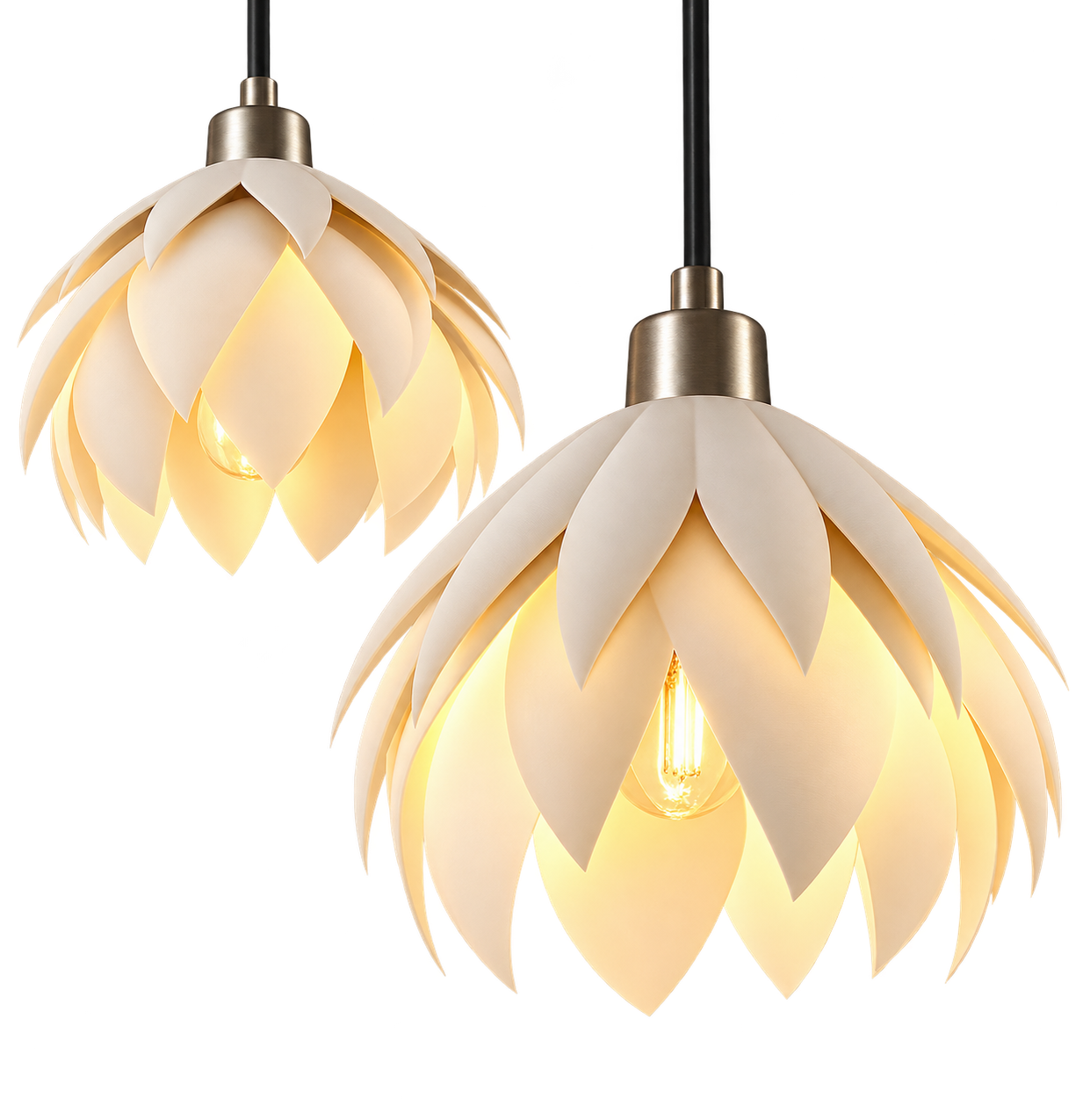White Water Lily Lamp shown as two glowing pendant lamps