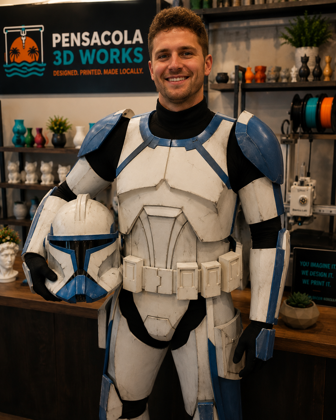 Customer wearing custom 3D printed cosplay armor
