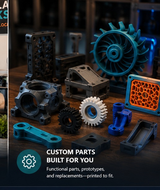 Variety of custom 3D printed mechanical parts, gears, brackets and housings